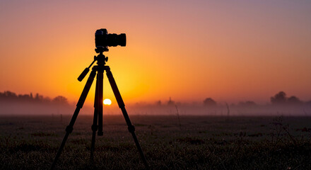 Camera on tripod at sunrise with misty landscape in background  