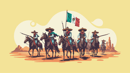 Mexican revolutionaries on horseback with a flag during the revolution.
