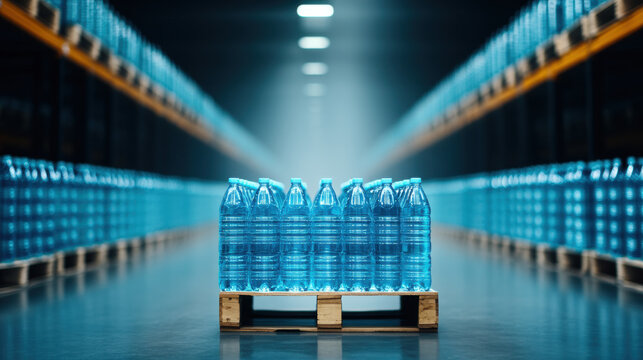 Storage area with crates of bottled water in cold environment.