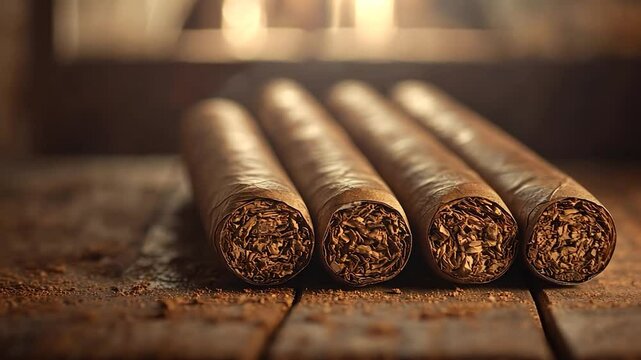Close-up of three cigars on a wooden surface