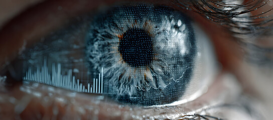 Digital blue eye with data visualization charts and graphs floating in front of it, representing the advanced technology used by AI to process information.