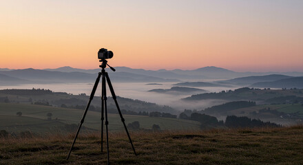 Naklejka premium Camera on tripod capturing sunrise over misty mountains 