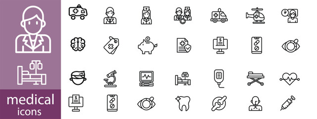 Medical Line Icon Set contains Stethoscope, Ambulance, Nurse, Doctor, Syringe, Serum, First Aid Kit and so on icons.