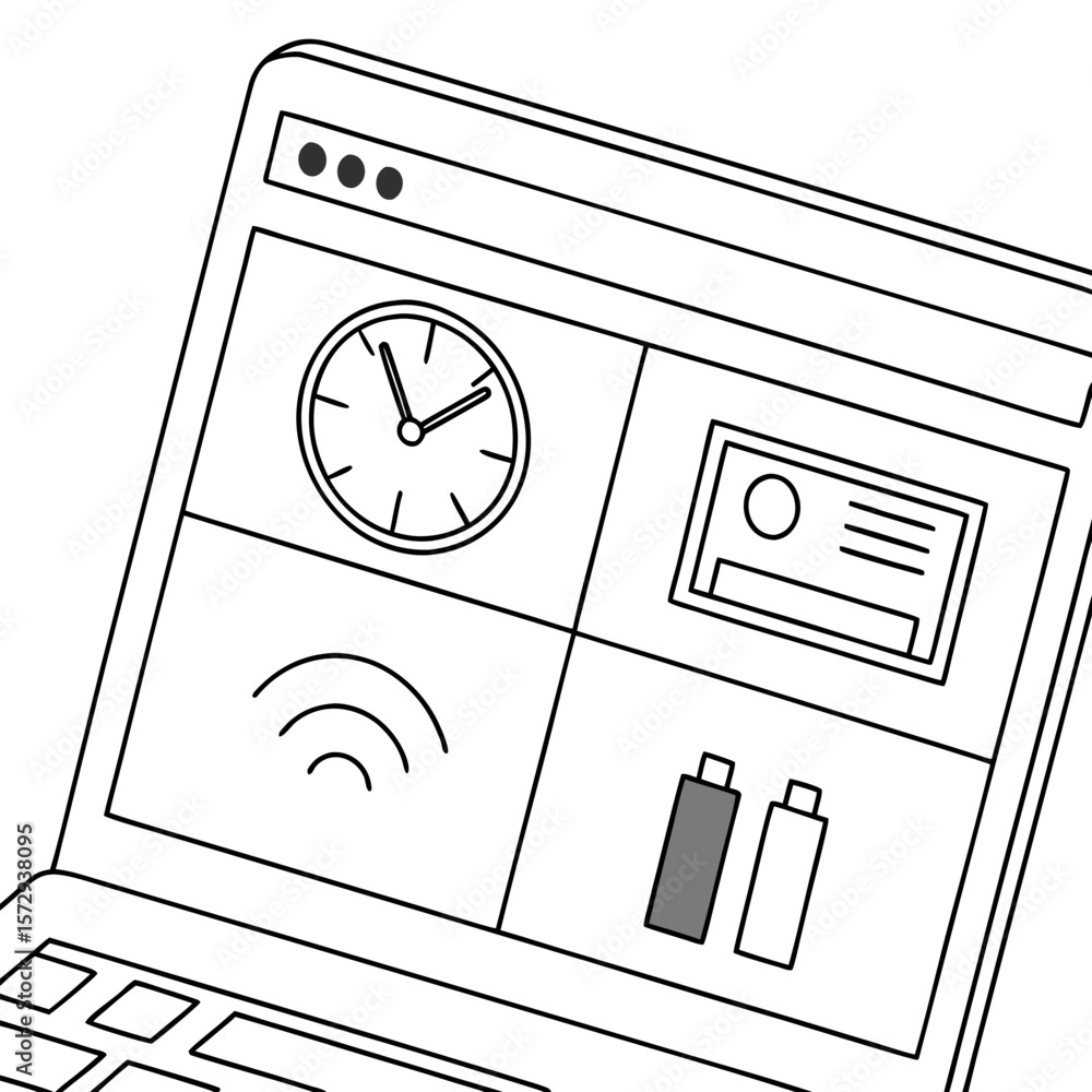 Poster laptop screen displaying clock, document, wifi signal, and usb drives in a grid layout design style