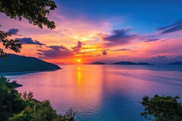 Stunning sunset over the ocean at Phuket island Thailand, a serene travel paradise, Phuket island Thailand travel destination aerial sunset view
