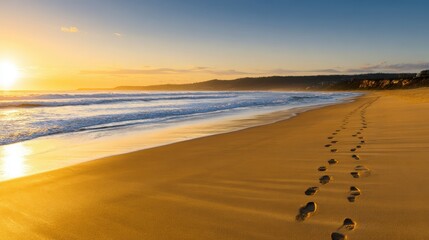 Tranquil sunset over a serene beach with footprints leading to the water's edge