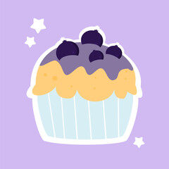 Blueberry cupcake with outline and star decoration. Sweet and tasty dessert cartoon. Cupcake illustration. Can be used for wallpaper, sticker, decoration, food element.
