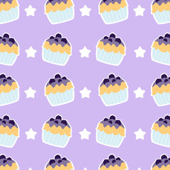 Blueberry cupcake seamless pattern with white star. Can be used for wallpaper, paper wrapping, decoration, fashion fabric