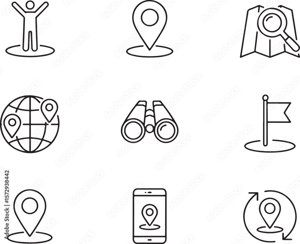 Poster collection of travel and navigation icons depicting exploration, location, direction, and discovery 