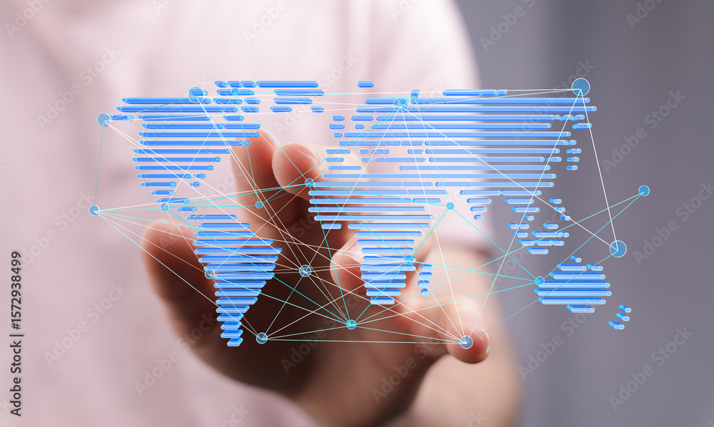 Poster hand interacting with a digital world map, showcasing global connectivity and networking.
