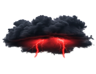 Dark storm cloud with intense red lightning strikes isolated on transparent background