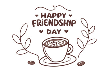 Happy friendship day greeting featuring a coffee cup with latte art and decorative branches symbolizing shared moments