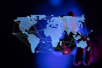 High-tech image of a world map illustrating global network connections and digital communication.