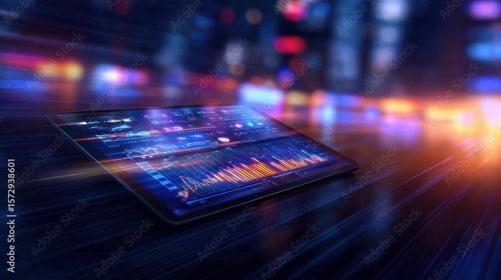 Aufkleber futuristic tablet displaying vibrant data analytics in a dynamic urban environment at night