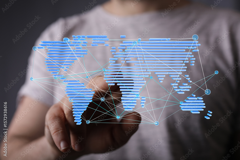 Poster visual representation of global interconnectedness and data flow. ideal for technology, business, an