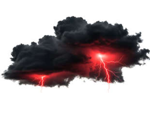 Dark storm cloud with intense red lightning strikes isolated on transparent background