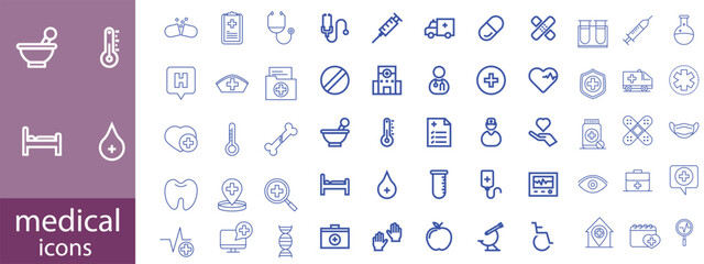 Medical Line Icon Set contains Stethoscope, Ambulance, Nurse, Doctor, Syringe, Serum, First Aid Kit and so on icons.