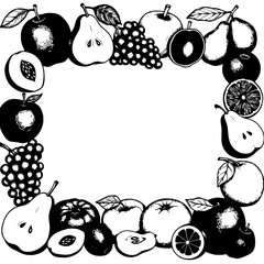 Ornate Fruit Frame: A detailed black and white frame composed of various fruits arranged in an elegant pattern.
