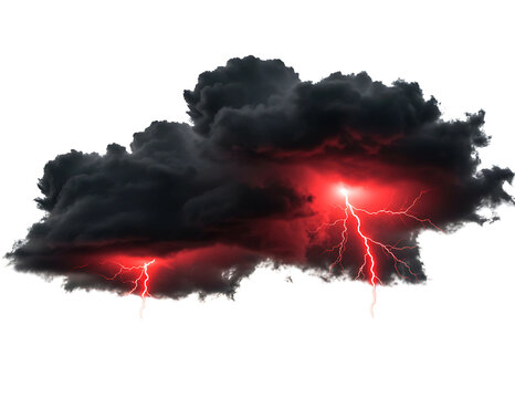 Dark storm cloud with intense red lightning strikes isolated on transparent background