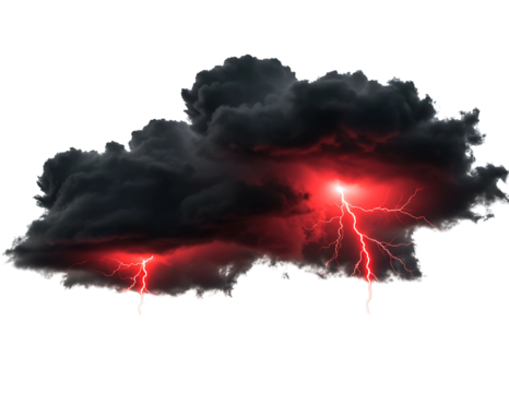 Dark storm cloud with intense red lightning strikes isolated on transparent background