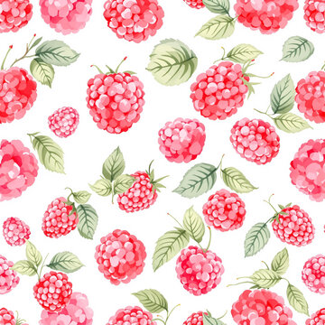 Watercolor pattern featuring raspberries white background