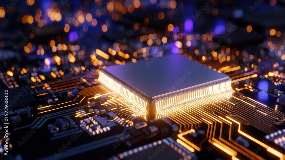 Poster close-up view of a glowing microchip on a circuit board with intricate connections and lights (1)