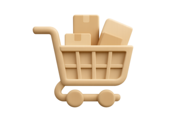Shopping cart filled with packages in neutral color Isolyate on transparent background