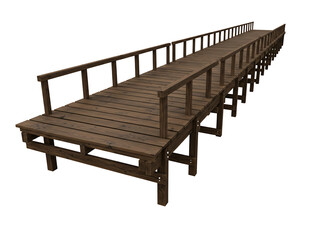 Long wooden pier with railings extending into the distance isolated on transparent background