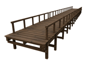 Long wooden pier with railings extending into the distance isolated on transparent background