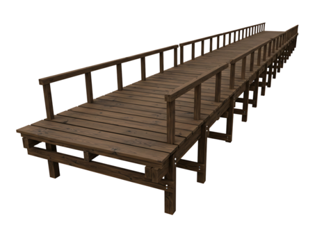 Long wooden pier with railings extending into the distance isolated on transparent background