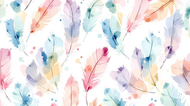 Hand painted watercolor feathers pattern on minimal white background composition