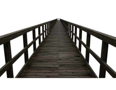 Long wooden pier with railings extending into the distance isolated on transparent background