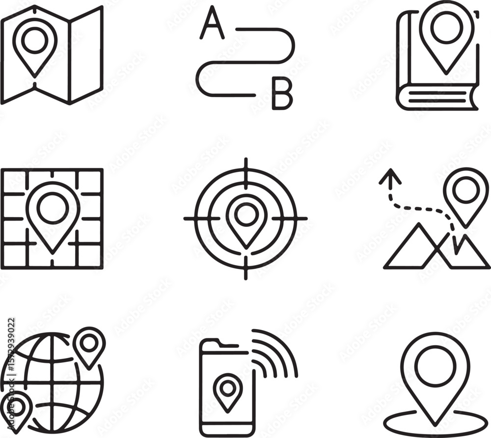 Poster navigation and location icon set exploring maps and gps technology for directional assistance and ge