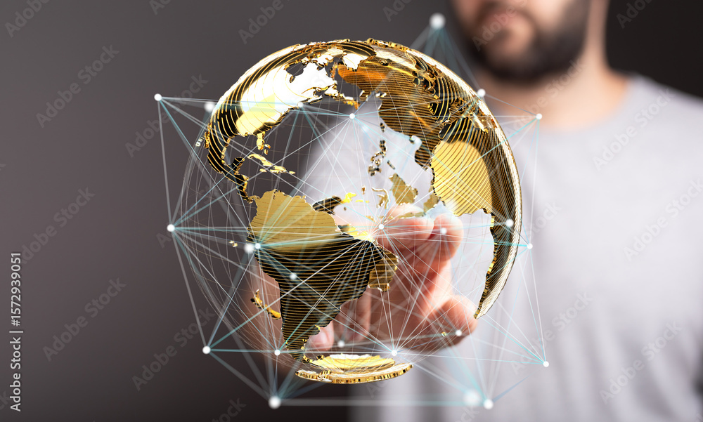 Poster person interacting with a digital globe, representing global network and connection technology.