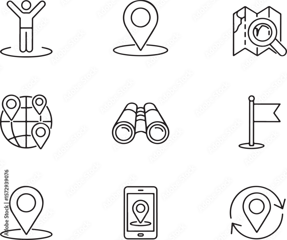Poster exploration and navigation iconography set guiding the journey discovering new destinations and loca