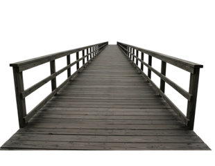 Long wooden pier with railings extending into the distance isolated on transparent background
