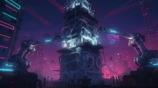 Futuristic cityscape construction with robotic arms and neon lights illustration