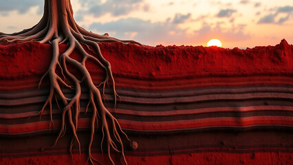 Dark red laterite soil, iron and aluminum oxides form a concrete crust. Tropical roots penetrate cracks, and water erosion patterns reveal sedimentary layers. Backlit image at sunset.