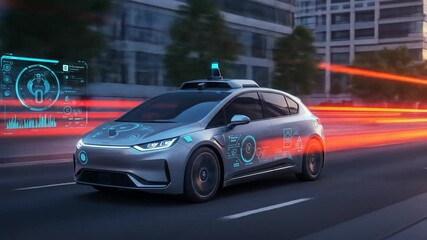 Futuristic electric car driving at night in city autonomous vehicle technology digital interface - Powered by Adobe