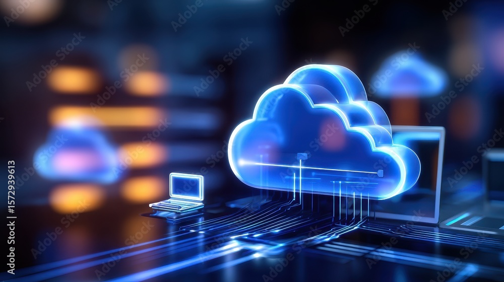 Aufkleber futuristic digital cloud computing scene with glowing clouds and data transfer, showcasing technolog