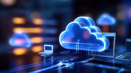 Futuristic digital cloud computing scene with glowing clouds and data transfer, showcasing technology