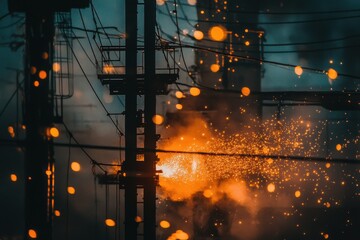 Industrial fuse sparks and glows amidst smoke and shadows in urban setting, Industrial Fuse Burns Across Screen Diagonally