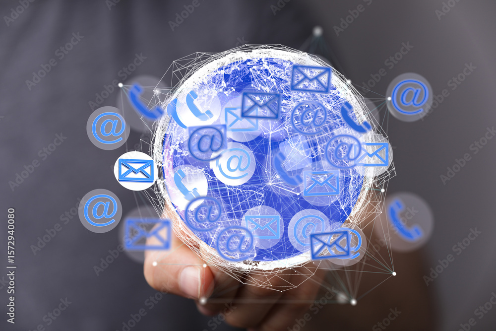 Poster a hand holds a digital globe showing interconnected communication methods. perfect for technology, i