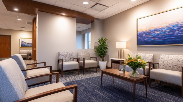 Modern waiting room with comfortable seating, plants, and artwork, creating a welcoming atmosphere