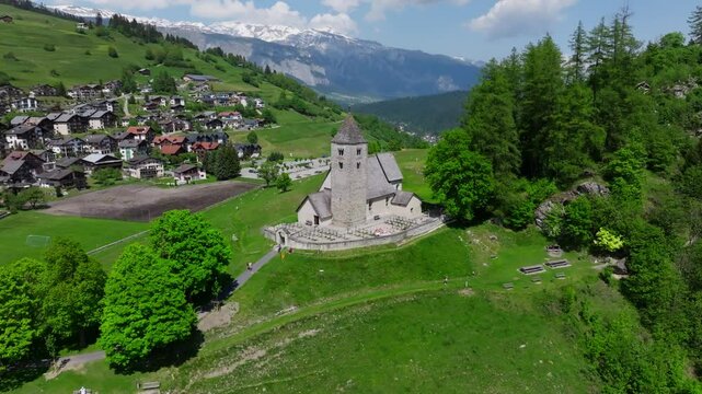 Falera - Historic swiss Chruch and beatiful view of traditional village