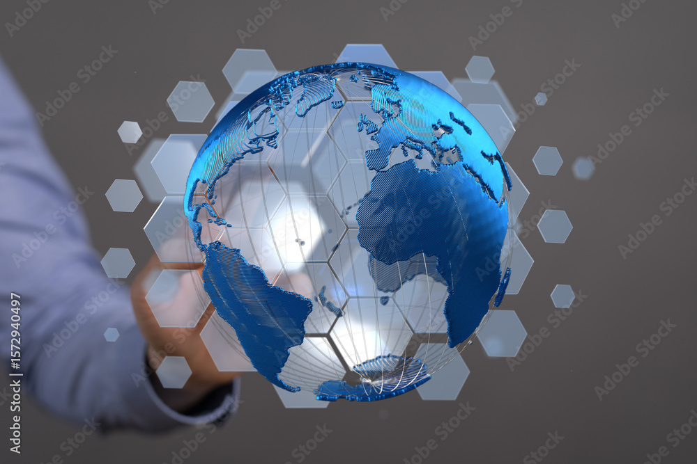 Poster high-tech image of a digital globe, representing worldwide connectivity and networking.