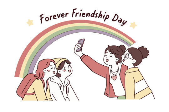 Four joyful friends capture a happy moment together taking a selfie under a pastel rainbow on forever friendship day celebration
