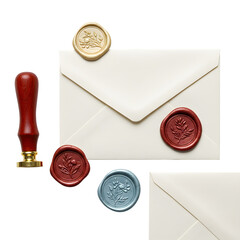 Set of premium wax letter seals with envelope and stamp, isolated on transparent background