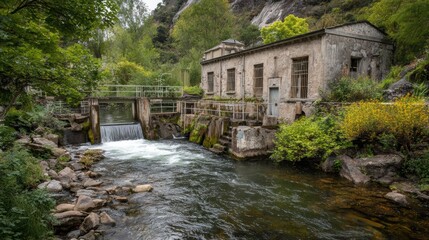 Peaceful small-scale hydro plant in rural village river setting