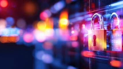 Colorful digital lock symbolizing cybersecurity with vibrant lights and blurred background
